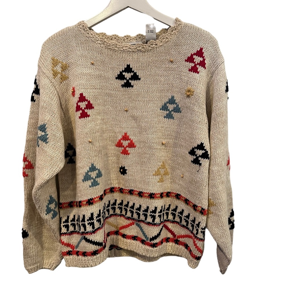 Vintage boho artsy Sweater Geometric Design Tribal Natural knit crochet western‎